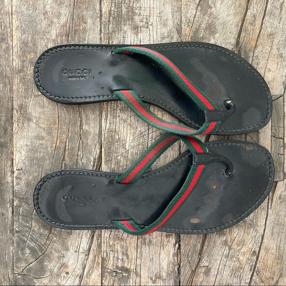 Gucci web leather flip flops